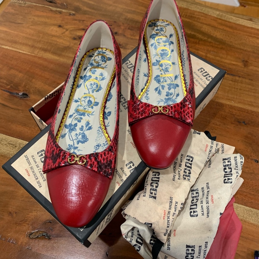 GUCCI Genuine Snakeskin Trim Ballet Flat 38.5 8.5 red